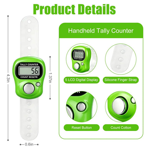 Bulk 30 Pack Electronic Finger Clicker With 5 Digit Lcd Display Resettable Hand Tally Counter No Fuss Design Golf Game Day Ready And Crafting Tool Auto Sleep Battery Green handheld tally counter with LCD display and silicone strap.