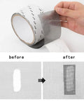 Heavy Duty Self Adhering Screen Repair Strip With Fiberglass Mesh for windows and doors, shown before and after application on screen