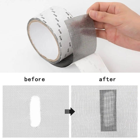 Heavy Duty Self Adhering Screen Repair Strip With Fiberglass Mesh for windows and doors, shown before and after application on screen