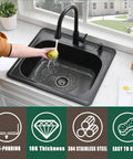 25 by 22 Inch Drop In Kitchen Sink Stainless Steel 16 Gauge Deep Single Bowl Topmount With Dish Grid and Roll Up Rack