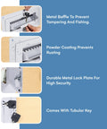 Close-up features of Through The Door Locking Key Drop Box Heavy Duty Rainproof Mail Slot, tubular lock, baffle, anti-theft plate.