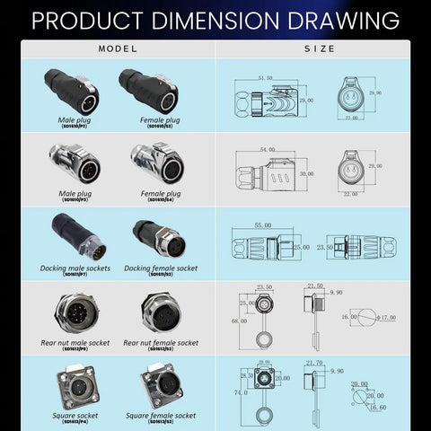 Pro Grade 2 Pin Waterproof Connector 16Mm Circular Aviation Plug IP67 Sealed Male Female Socket dimensions chart with sizes.