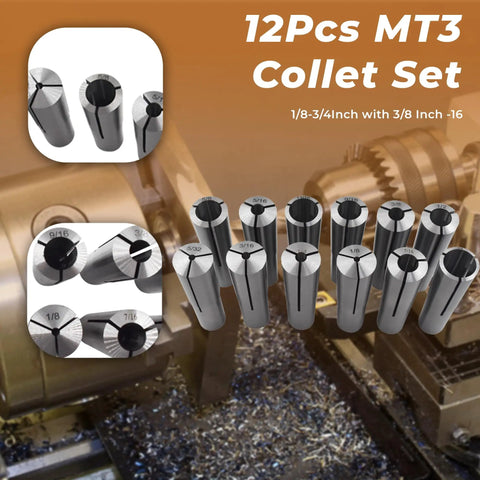 12-piece MT3 collet set for milling and lathe work from one eighth to three quarters inch with three eighths inch threaded back