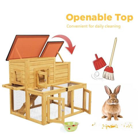 All Weather Critter Friendly Wooden Poultry Run And Rabbit Hutch with openable top and removable ramp, rabbit and cleaning tools shown
