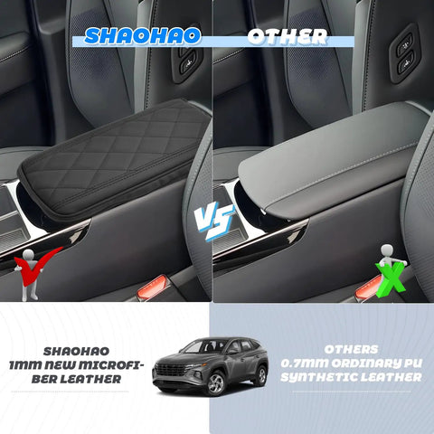 Comparison of Hyundai Tucson Center Console Armrest Cover for 2025 2026 Limited and Hybrid models with anti-scratch protection.