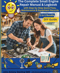 Small Engine Repair Manual And Maintenance Logbook Two In One DIY Guide with smiling couple repairing engine together.