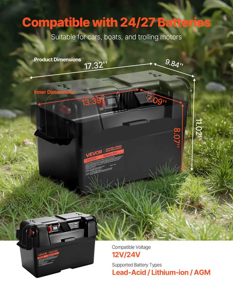 Hella Tough Group 24 27 Battery Box With Badass Double Strap Lockdown For 12V 24V Agm Lithium Marine Trolling Motor Rv Camper Solar Power Systems dimensions shown on grass.