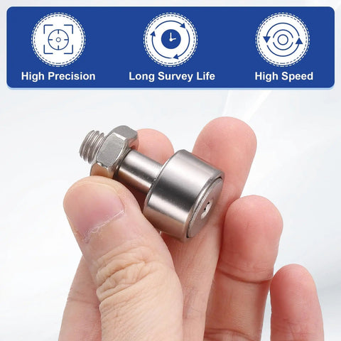 Close-up of hand holding Two Pack Cam Follower Track Runner Bearing 304 Stainless Steel With 19mm Roller Diameter M8 Stud Type