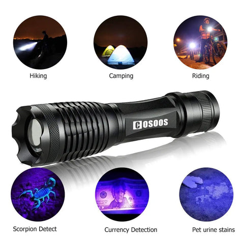 Two Pack UV Flashlight Blacklight 395nm 2 In 1 LED Tactical Flashlight and Pet Urine Detector with versatile uses shown