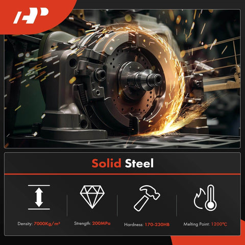 Engine harmonic balancer crankshaft pulley in solid steel construction with sparks; density 7000kg/m3, strength 200MPa, hardness 170-230HB