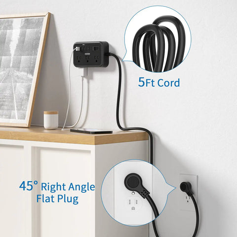 2 Pack 6 Outlet Power Strip With Four USB Ports And Flat Plug Five Foot Extension Cord Overload Protection shown mounted