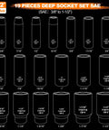 Impact Socket Set 1/2 Inch Drive Deep Sockets From 3/8 Inch To 1-1/2 Inch, 19 Piece Cr-V Steel With Double Lock Case diagram