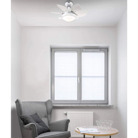 Quince 24 Inch Indoor Ceiling Fan With Light Dope White Finish Dimmable 16W LED in a small room with gray chair and table