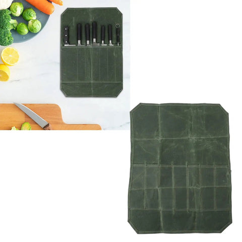 Unrolled Outdoor Knife Roll Bag Made From Waxed Canvas With Tough As Nails Padded Slots A Portable Knife Pouch For Chef Knives, OD Green