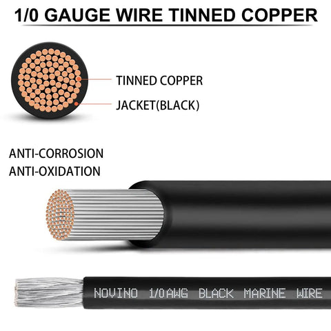 One Zero AWG Battery Cable For Marine, Automotive, Solar And Welding Use, Heavy Duty Copper Wire, Tin Coated For Saltwater Corrosion Resistance, 600V Rated, Pure Copper Marine Grade Wire For Generator And Power Systems, black jacket