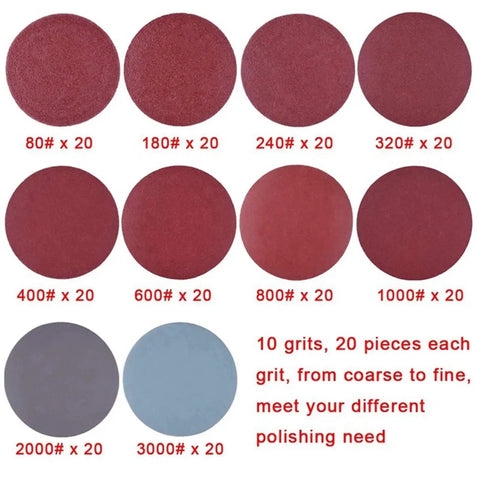 200Pcs 2 Inch Hook And Loop Sanding Discs With Pad Plate, 80-3000 Grit Abrasive Paper For Orbital Sanders displaying various grit options.