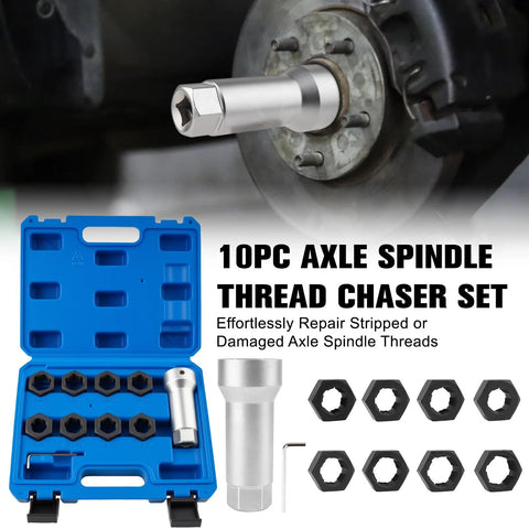 Front view of Marvelity 10-piece axle spindle thread chaser set in a blue plastic case with 8 dies, 1-1/16 inch extension bar, and UNEF nuts for M20/M22/M24 spindles