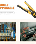 Kickass Heavy Duty Auto Wire Stripper And Crimping Pliers Pro Gear For Electricians with yellow grip and wiring examples.