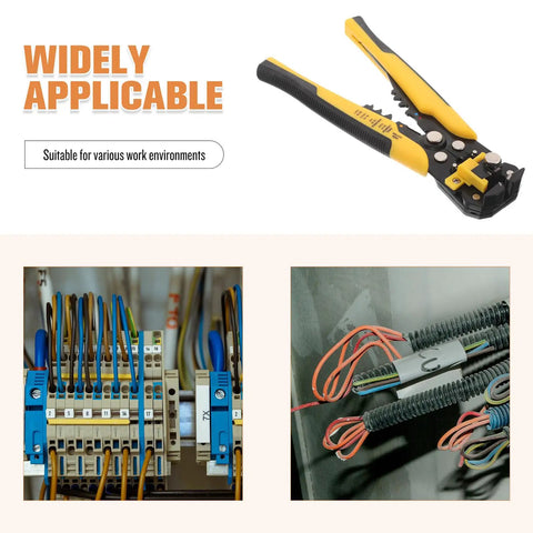 Kickass Heavy Duty Auto Wire Stripper And Crimping Pliers Pro Gear For Electricians with yellow grip and wiring examples.