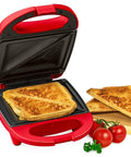 Cute And Compact Personal Sandwich Maker, Non Stick Electric Panini Press with grilled cheese sandwiches, red design.