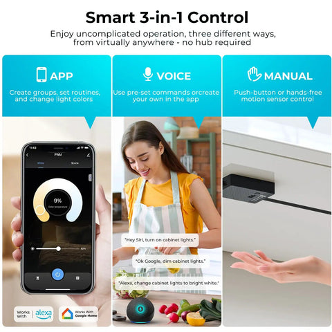 Smart Under Cabinet Lighting control with Alexa, Google Home, app, and remote options for kitchen or display case, 10 pack