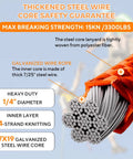 Top Rated 10ft Steel Wire Core Flipline And 3300 Lbs Arborist Positioning Lanyard Kit Featuring Cut Resistant Galvanized Aircraft Cable, showing 1/4" diameter steel wire core.