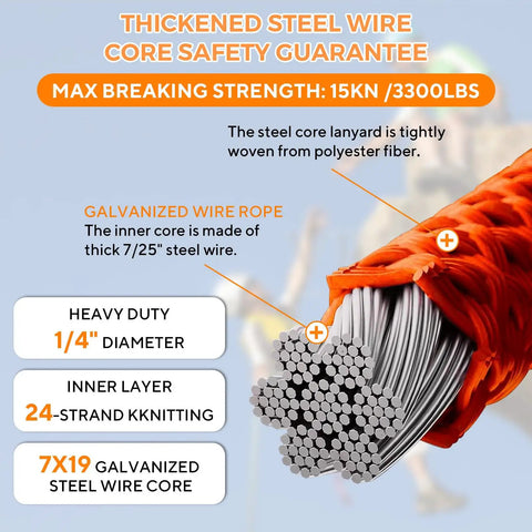 Top Rated 10ft Steel Wire Core Flipline And 3300 Lbs Arborist Positioning Lanyard Kit Featuring Cut Resistant Galvanized Aircraft Cable, showing 1/4" diameter steel wire core.