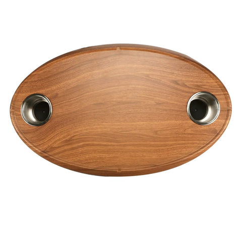 Top Shelf Oval Pontoon Boat Table Package featuring a slick burlywood resin top and stainless drink holders from above.
