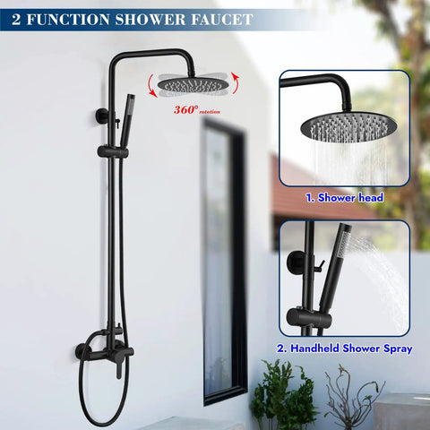 Matte Black Outdoor Shower System With Rainfall Head And Hand Spray, Exposed Exterior Shower Fixture, Dual Function Water Control.