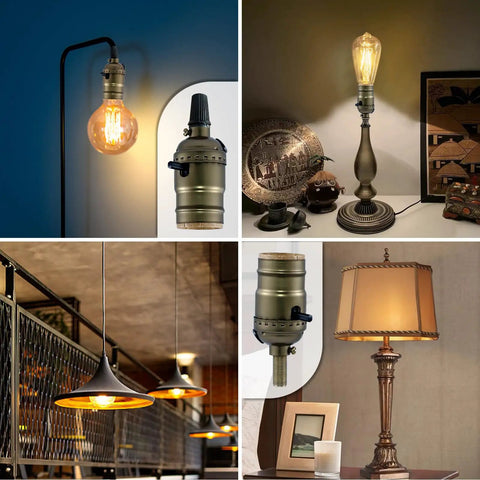 Heavy Duty Push On Off Light Socket With Medium Screw Base For Floor And Table Lamps Delivering No Sweat Operation And Rugged Antique Brass Housing UL Listed Twin Pack in various lighting setups.