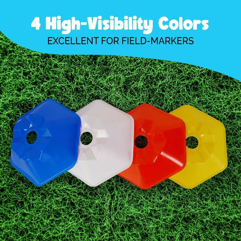 Hexa Agility Cones Set For Dogs And Kids, 20 Color Coded Training Cones with 5 cm height shown in four colors on grass
