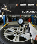 19 Piece Air Compressor Accessories Kit with 25 Foot Recoil Poly Hose 150 PSI Tire Inflator Gauge and blow gun in use