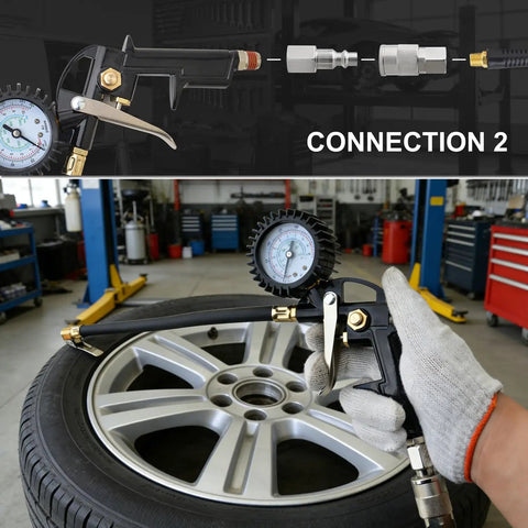 19 Piece Air Compressor Accessories Kit with 25 Foot Recoil Poly Hose 150 PSI Tire Inflator Gauge and blow gun in use