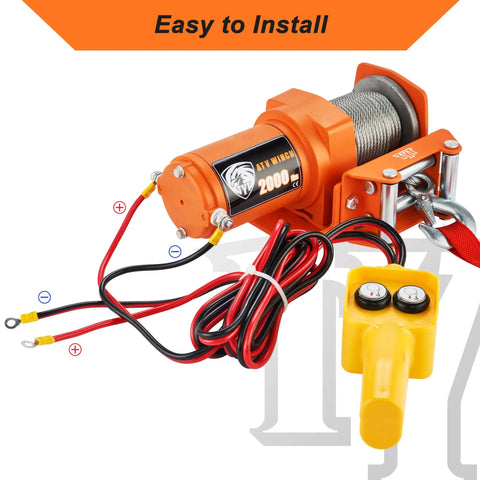 Beefy 2000 Lb ATV UTV Electric Winch Kit with 12V Motor Steel Cable Wired Remote Mounting Bolt Pattern IP67 Waterproof