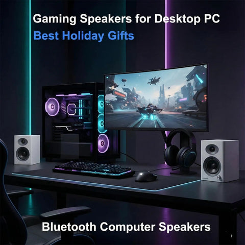 PC Speakers With Bluetooth 5.3, 3-Inch Full-Range Drivers Deliver 60W Peak, 30W RMS, Distortion-Free Stereo, White, on Gaming Desk