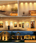 12 Pack MR16 LED Spotlight Bulbs Featuring GU5.3 Bi Pin Base 5 Watt 12 Volt Low Voltage Output 2700K Cozy Warm White Light illuminating kitchen, living room, art gallery, and outdoor landscapes.