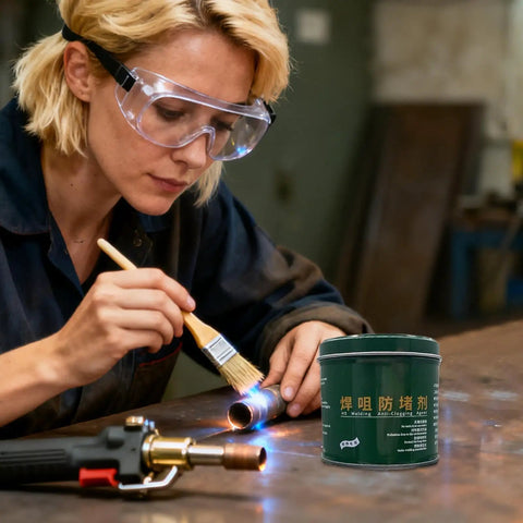 Person using Nozzle Cleaner Gel 200g for welding spatter and flux removal in a workshop setting