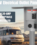 Road Ready Weatherproof Temporary Power Panel With 50 Amp Breaker And 20 Amp GFCI Receptacle showing installed 20, 30-amp receptacles.