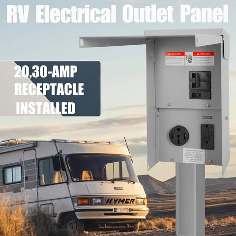 Road Ready Weatherproof Temporary Power Panel With 50 Amp Breaker And 20 Amp GFCI Receptacle showing installed 20, 30-amp receptacles.