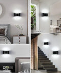 Collage showcasing Modern Led Wall Sconce Set Of 2 With Up And Down Lighting Hardwired Indoor Black Wall Mount Lamps in various rooms.