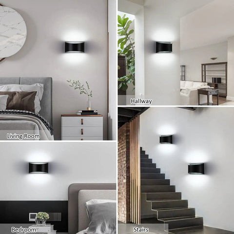 Collage showcasing Modern Led Wall Sconce Set Of 2 With Up And Down Lighting Hardwired Indoor Black Wall Mount Lamps in various rooms.