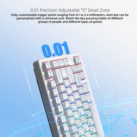 Close-up of 75 Percent Wireless Mechanical Keyboard With Magnetic Hall Effect Switches showing adjustable 0.01mm dead zone.