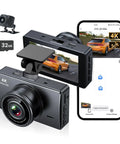 4K Front And Rear Dash Cam For Cars With 1080P Rear Camera Built In Wi Fi And App Control 32GB Card Included