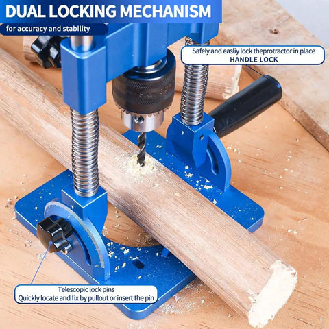 Knockout Accuracy Portable Drill Guide And Angle Drill Jig For Perfectly Straight Holes Every Single Time, dual locking mechanism shown.