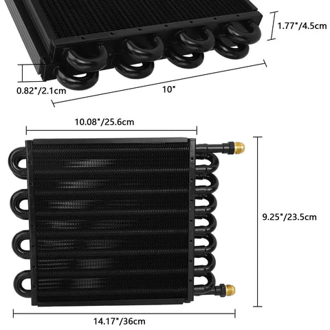 16 Pass Universal Transmission Oil Cooler Kit with half inch tube and fin, aluminum alloy black finish, 8AN fittings shown with dimensions.