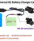 Handy Universal RC Charger Cable with SM 2P Connector Plug, shown with 3.7V Lipo and 3.6V NiMH NiCD batteries, for RC vehicles