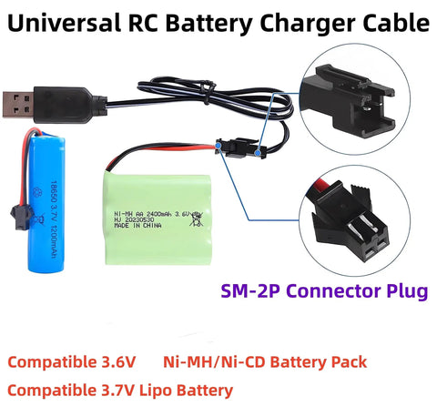 Handy Universal RC Charger Cable with SM 2P Connector Plug, shown with 3.7V Lipo and 3.6V NiMH NiCD batteries, for RC vehicles
