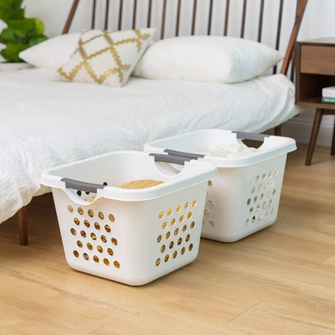 30L Plastic Laundry Hamper With Built In Comfort Carry Handles 2 Pack Nestable Ventilated Clothes Basket under bed
