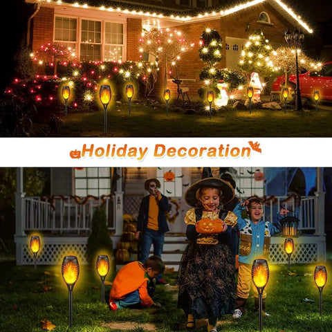 Outdoor Solar Tiki Torch Lights With Realistic Flickering Flame, 8 Pack Waterproof Pathway Garden Candles For Patio Yard Walkway Halloween Decor, illuminating a festive yard