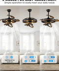 Bella Depot 42" Rustic Retractable Ceiling Fan with Lights and Remote demonstrating three mode settings in a bedroom.